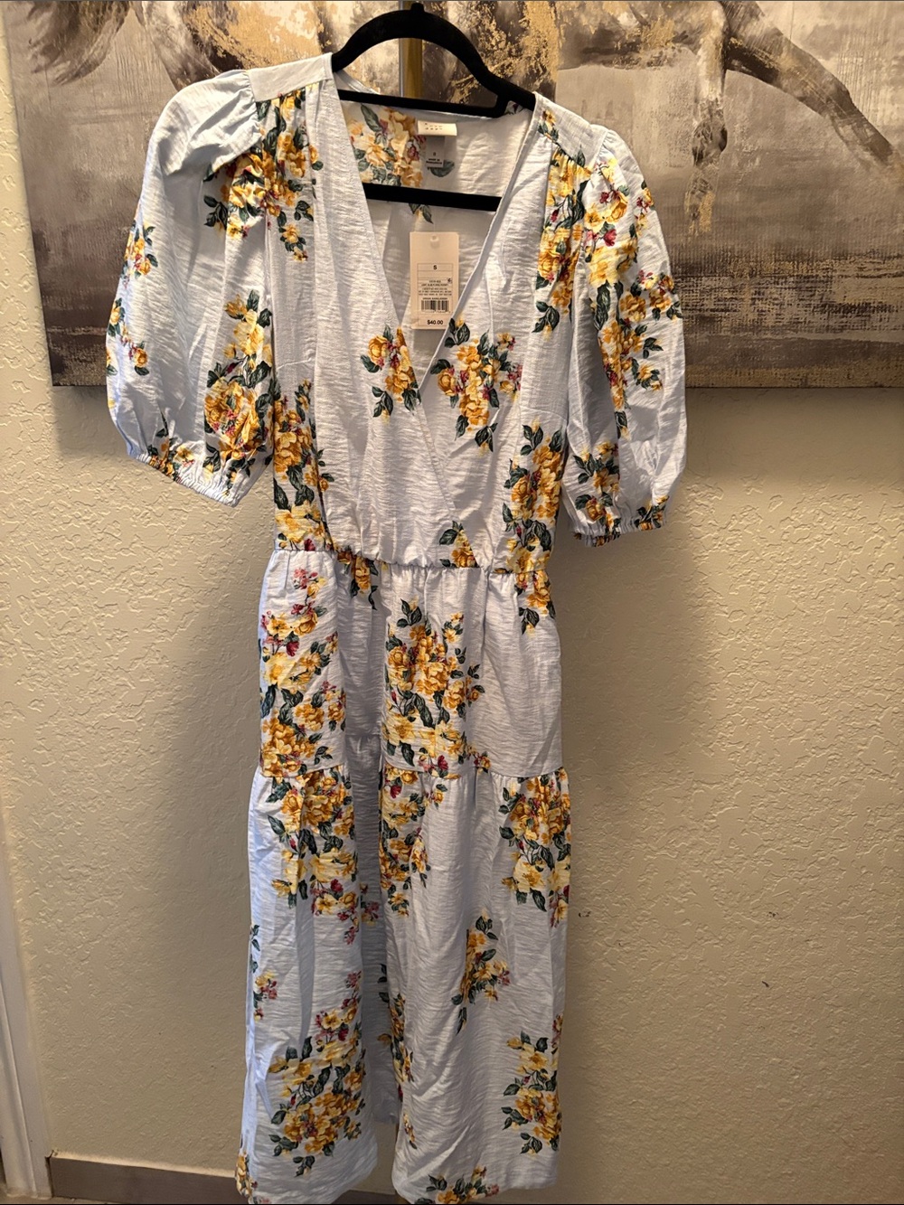 Women's Light Blue Floral Midi Dress with Puff Sleeves